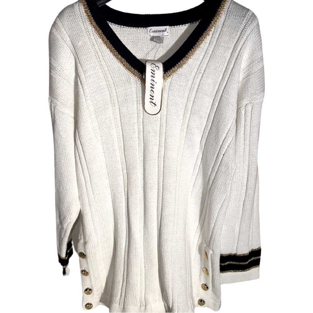New Eminent White Sweater Padded Shoulders Gold Accent Long Sleeve Knit Sz L - Picture 2 of 2